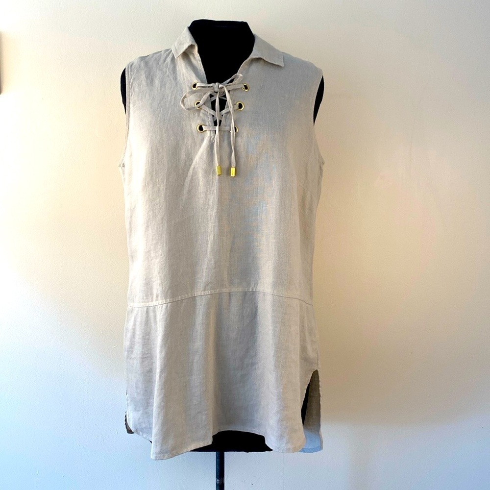 Ellen Tracey linen sleeveless tie-up blouse collar high low beige gold accents
